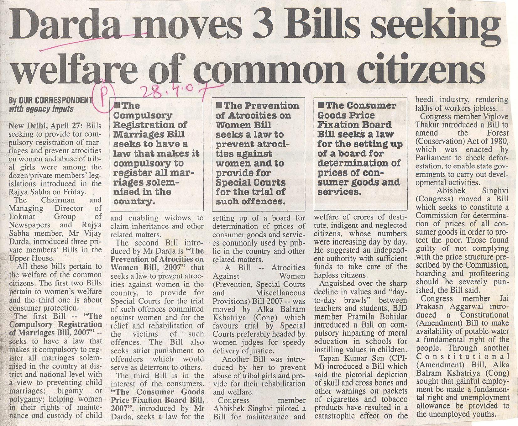 Darda moves 3 Bills seeking welfare of common citizens