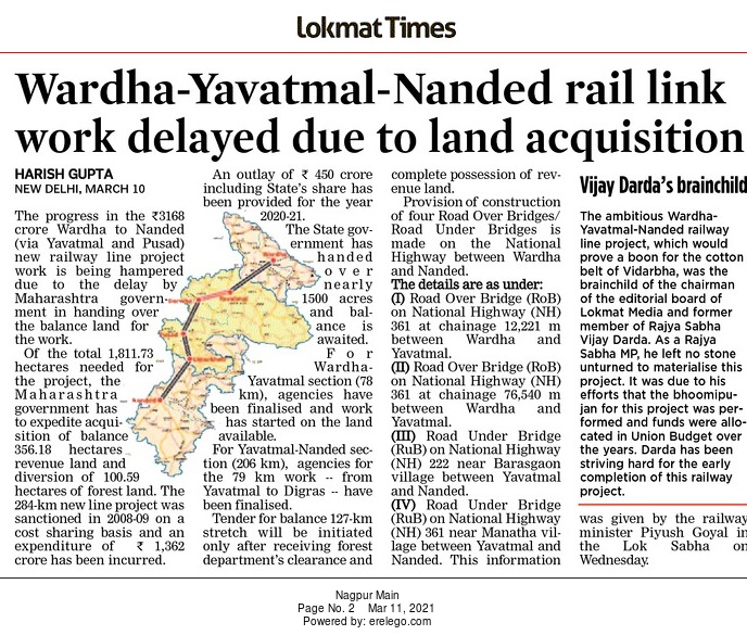 Wardha-Yavatmal-Nanded rail link work delayed due to land acquisition 