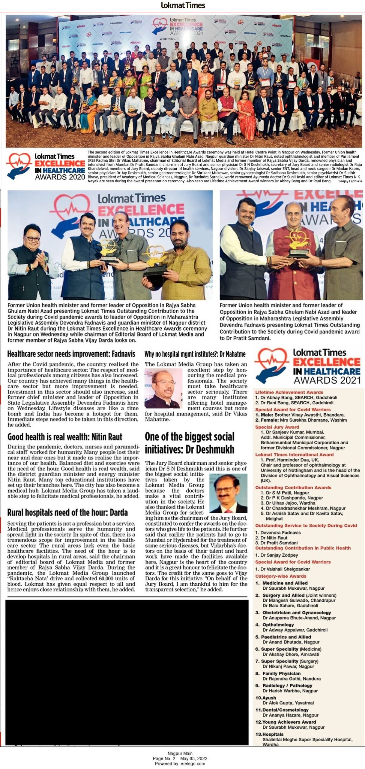 Lokmat Times Outstanding Contribution to the Society during Covid pandemic awards